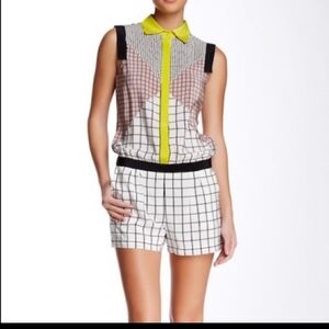 Trina Turk Clover Geometric Grid Mix Print Button Front Silk Romper Sz 0